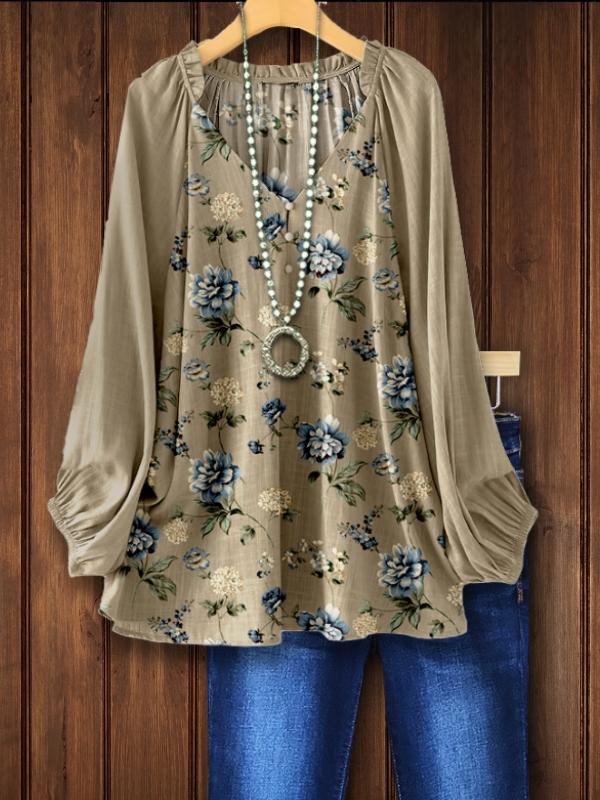 Linen Blue Rose Print Lantern Sleeve Top