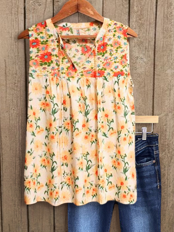 Floral Print Panel Pleated Tank Top