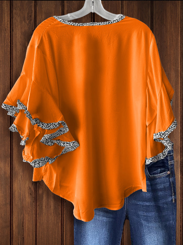 Leopard Panel Ruffle Sleeve Top