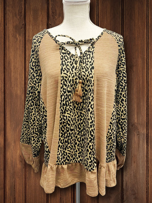 Leopard Ruffled Hem Knotted Top