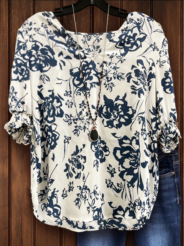 Casual Floral Print V-Neck Top