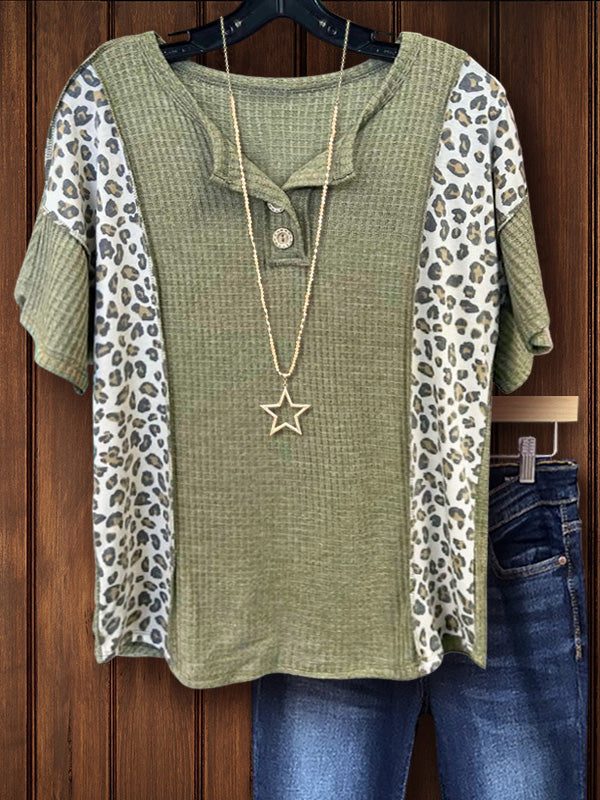 Waffle Leopard Print Patchwork Tee