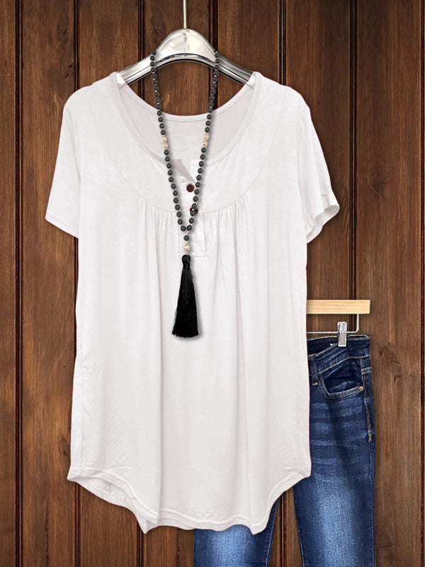 Gathered Button Loose Short Sleeve Tee