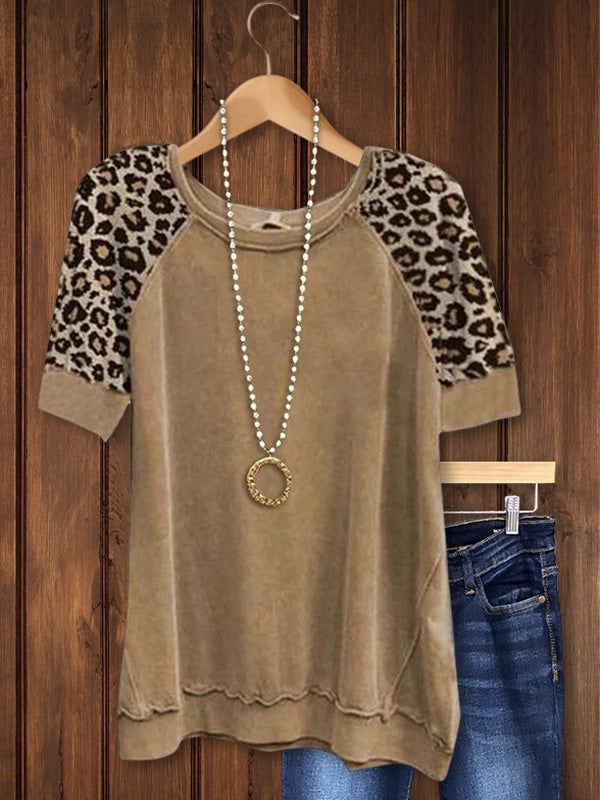 Round Neck Colorblock Leopard Tee