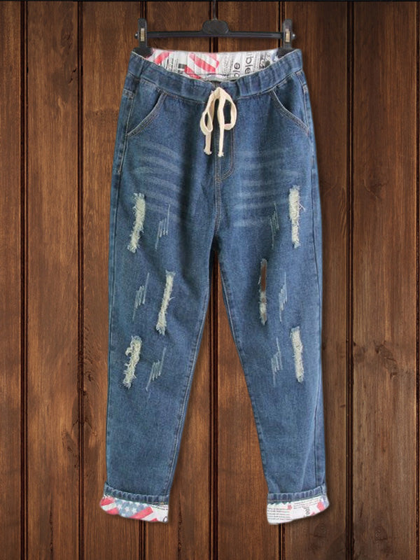 Distressed Drawstring Denim Jeans